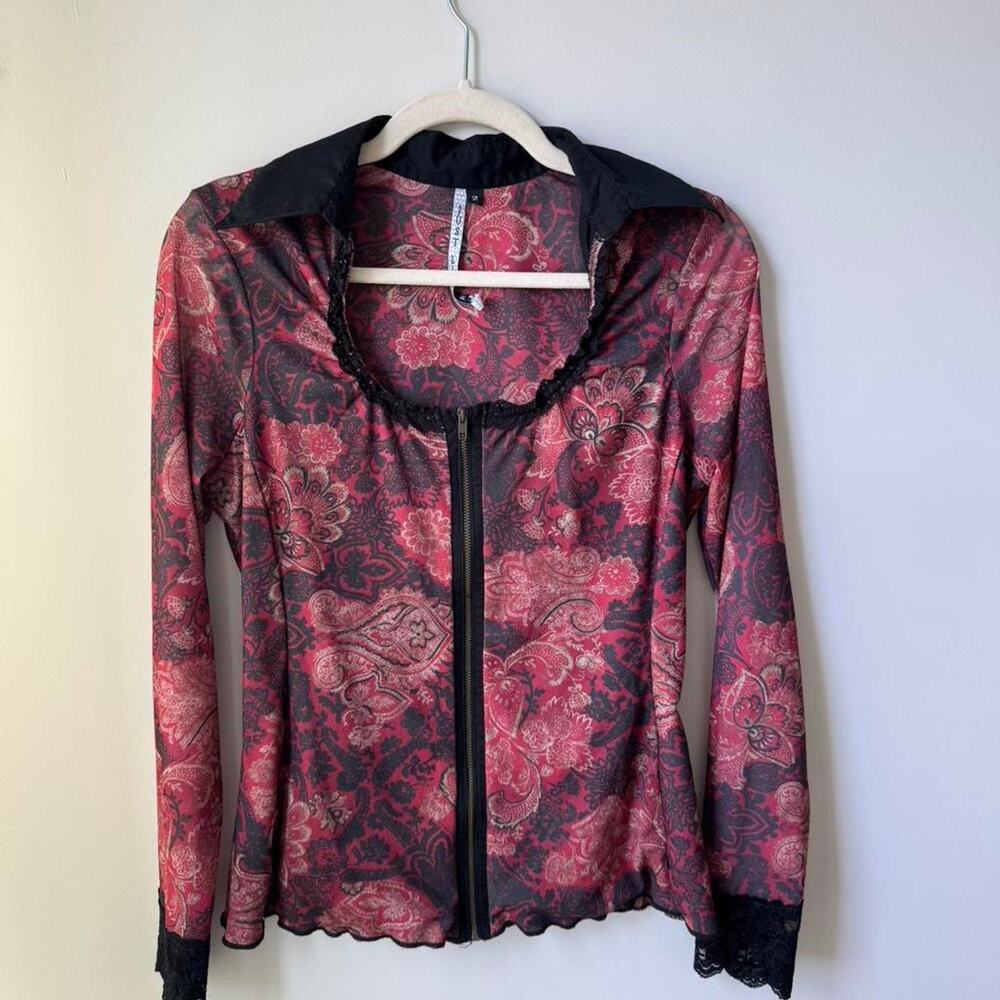 y2k paisley zip front floral top